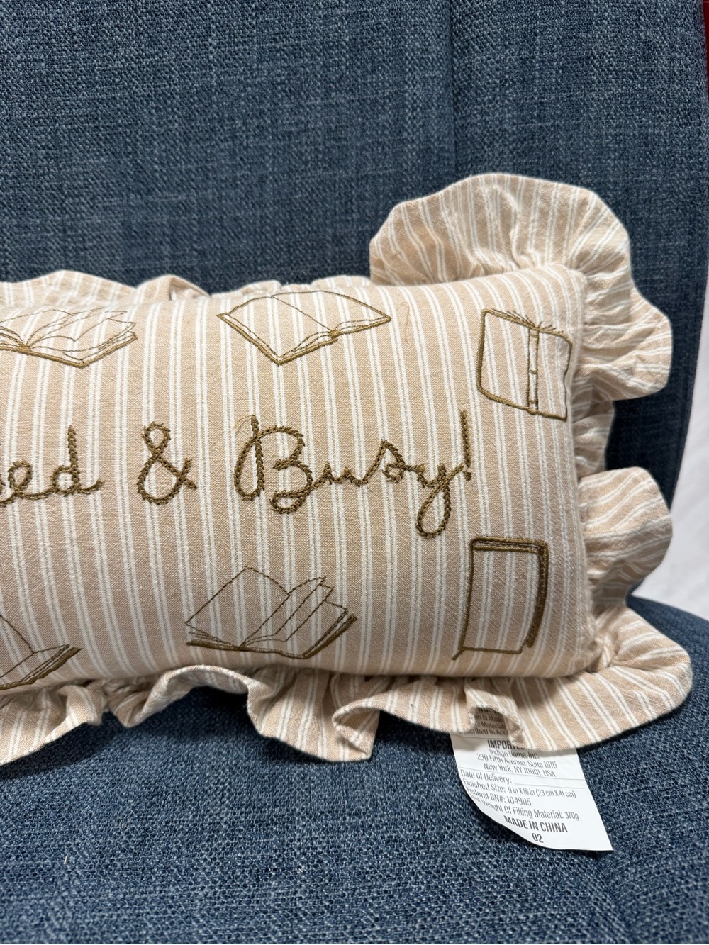 Booked & busy Striped Pinstripe Decorative Pillow Ruffles Embroidered - Picture 4 of 5